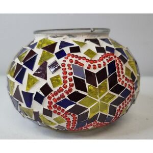 Handcrafted Mosaic Glass Lamp Globe Blue Yellow Red Star Design Table Decor